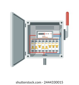 Fuse box. Electrical power switch panel with open door. Electricity equipment. Power Switch Panel. Vector illustration, isolated on white background.