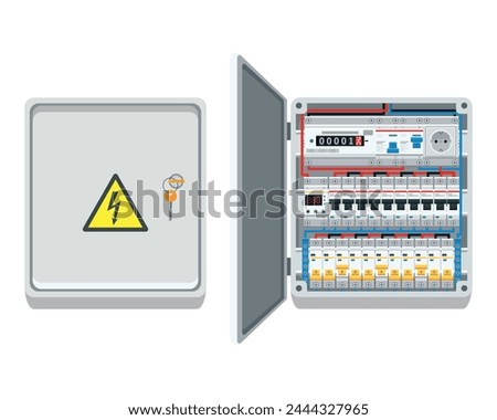 Fuse box. Electrical power switch panel with open and close door. Electricity equipment. Power Switch Panel. Vector illustration, isolated on white background.