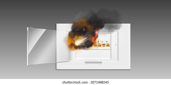 Fuse box in fire, short circuit and overload in electrical panel. Ignition hazard due to faulty wires, shortcut at home electric system. Burning switchboard with smoke Realistic 3d vector illustration