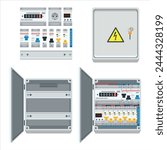 Fuse box. Types  and components of electrical. Electrical power switch panel with open and close door. Electricity equipment. Power Switch Panel. Vector illustration, isolated on white background.