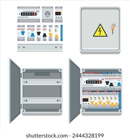 Fuse box. Types  and components of electrical. Electrical power switch panel with open and close door. Electricity equipment. Power Switch Panel. Vector illustration, isolated on white background.