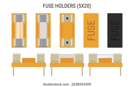 Fuse holder set. Collection of fuse holders for glass and ceramic 5x20mm fuses. Vector illustration, EPS10