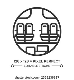 Fuselage cross section linear icon. Aircraft interior layout of plane. Seating arrangement and cabin structure. Thin line illustration. Contour symbol. Vector outline drawing. Editable stroke