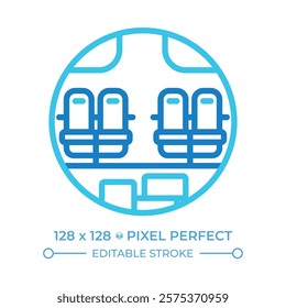 Fuselage cross section two color line icon. Plane aircraft interior. Seating arrangement and cabin structure. Bicolor outline symbol. Duotone linear pictogram. Isolated illustration. Editable stroke