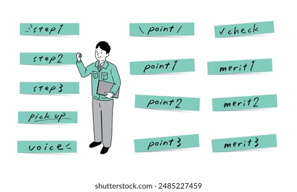 Fusen material set with cute handwritten English letters, vector.