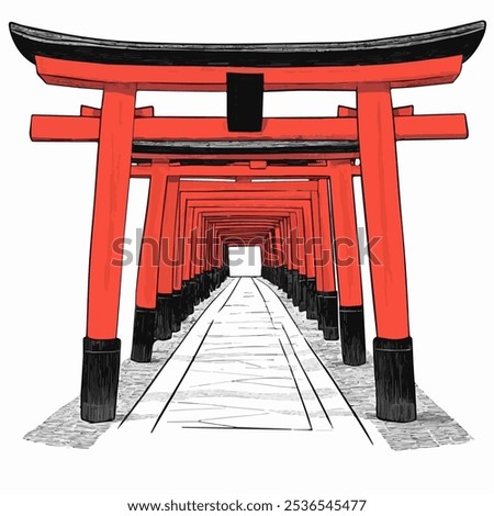 Fushimi Inari Shrine Vector Illustration, Iconic Kyoto Torii Gates