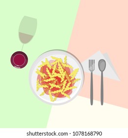 Fusilli italian pasta in tomato sauce, red wine in wineglass. Top view icons on pastel colors background. Illustration for poster, banner, t-shirt.