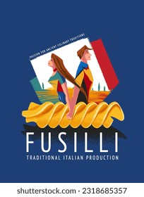 fusilli pasta anuncia la producción italiana con ilustraciones de amor de hombre y mujer