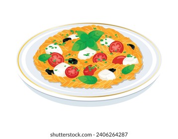 Fusilli pasta with cherry tomato, mozzarella cheese, olive and basil leaf vector illustration. Plate of Fusilli alla Caprese icon vector isolated on a white background. Spiral pasta on a plate drawing