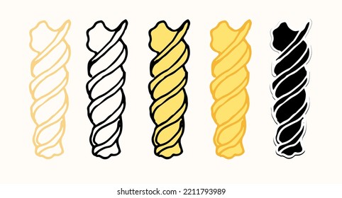 Fusilli pasta icon. a drawing of a dry short paste twisted into a spiral. Vector element made of a single dry paste, drawn with an isolated black outline and silhouette options in the sketch style. it