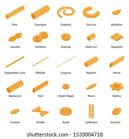 Fusilli pasta icons set. Isometric set of fusilli pasta vector icons for web design isolated on white background