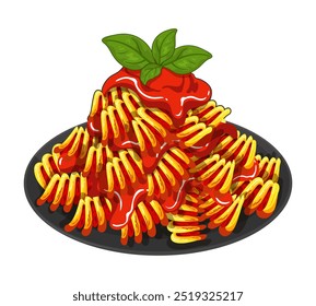 Fusilli Pasta ilustração vetor. 
Massa Fusilli Italiana com Molho de Tomate Isolado. Massa Fusilli com Molho de Tomate Picante Menu. 
Massas alimentícias italianas com Molho Vetor. Vetor de Ícone de Espaguete