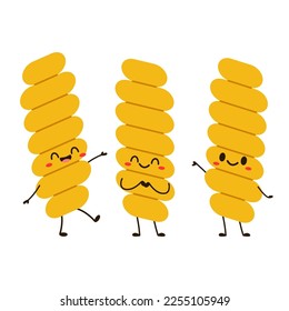 Fusilli pasta isolated on white background. Icon of fusilli pasta. Food is symbol of italian cuisine menu. Cartoon macaroni mascot.
