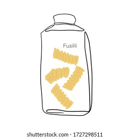 Fusilli. Pasta in einem Glas einfache lineare Zeichnung. Kunst der Linie. Italienische Küche, Pasta. Vector Illustration. Realistische trockene Makkaroni, für Karten, Plakate, Design, Logo, für Drucksachen.