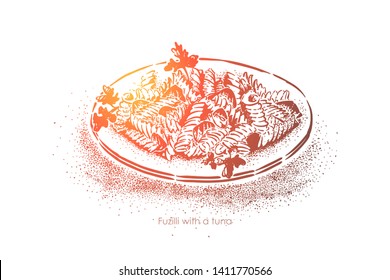 Fusilli pasta salad with tuna and parsley, national italian noodles with seafood, mediterranean traditional cuisine. Delicious spiral macaroni with fish concept sketch. Hand drawn vector illustration