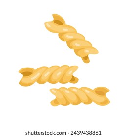 Fusilli pasta, Spiral pasta in flat style isolated on white background. Carbohydrate diet. Nutrient complex diet vector illustration. Traditional Italian Food for Restaurant Menu, shop, packaging.