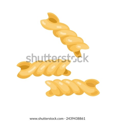 Fusilli pasta, Spiral pasta in flat style isolated on white background. Carbohydrate diet. Nutrient complex diet vector illustration. Traditional Italian Food for Restaurant Menu, shop, packaging.