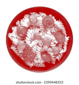 Fusilli pasta with tomatoes and basil top view, from circles dots of different sizes on white background