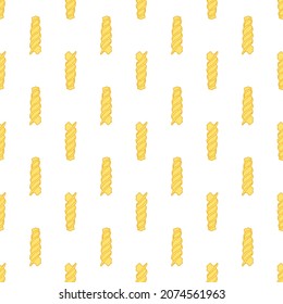 Fusilli paste pattern, yellow in a flat style. seamless pattern of dry short paste twisted into a spiral. Vector pattern of one dry yellow paste, drawn in sketch style. italian fusilli for packaging