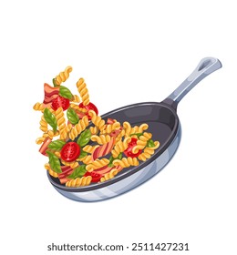 Fusilli con trozos de tocino, tomates y albahaca volando en una sartén de dibujos animados. Pasta en espiral, carne y verduras cayendo sobre la sartén. Mascota de la cocina italiana, Ilustración vectorial caliente de la cacerola de la comida de la historieta