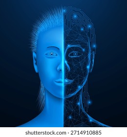 La fusión de inteligencia biológica y digital. Dividiendo la cara de una persona en dos partes, la izquierda es una forma orgánica con características naturales y la derecha es una estructura digital.