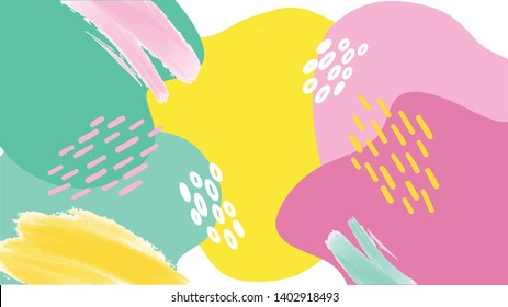 Fusion desktop or tablet background with different funny blobes in fresh some colors - turquoise, blue, yellow, pink with beautiful brush strokes and dots