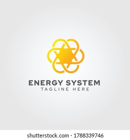 Fusion Energy Logo. Shaped Like The Sun, Describes A Nuclear Chemical Reaction. Suitable For Energy Companies, Nuclear, Electricity, Laboratories, Science, Research, Etc.