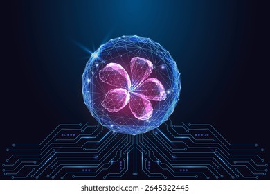 Fusion of nature and technology. Glowing flower petals in a digital sphere over a circuit board. Symbol of green tech, innovation, and sustainable design. Vector illustration.