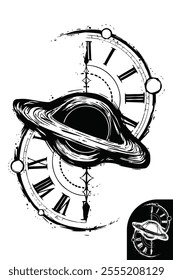 A fusion of planetary rings and a clock, symbolizing the interconnectedness of time, space, and celestial dynamics.