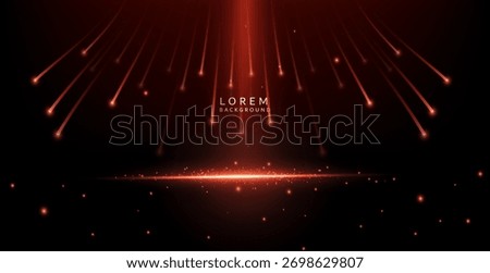 A fusion stage background with red lights on a black background. Vertical lines of light stream down from the top-center of the space, shining deep into the floor.