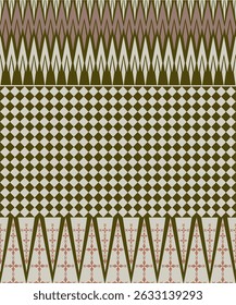 Patrón textil tribal de fusión con motivos de chevron y cuadros