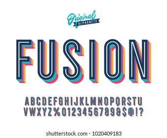 "Fusion" Vintage 3D Inline Condensed Alphabet. Colorful Old School Retro Typography. Vector Illustration.