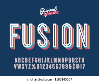 "Fusion" Vintage 3D Inline Condensed Alphabet. Colorful Old School Retro Typography. Vector Illustration.