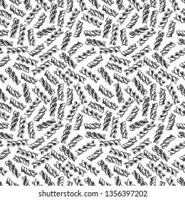 Fussili. Seamless background of various kinds of pasta. hand-drawn illustration