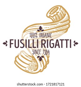 Fussilli rigatti pasta, isolated emblem for menu or product. Organic natural product, ingredient from Italy. Traditional Italian cuisine, product for dinner or lunch of premium quality, vector