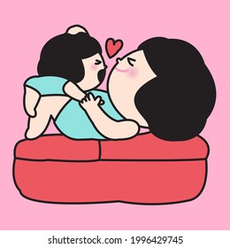 Fussy Baby Girl is Sitting On Her Mother's Knee On Sofa Bench. Happy Mother's Day Concept Card Character illustration