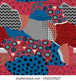 Fussy seamless pattern of round shapes blue red  with texture. The background is unusual modern hand drawn
