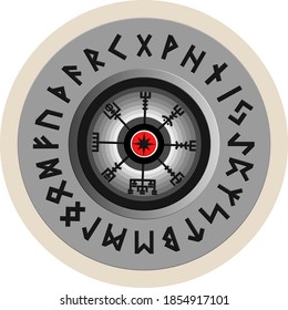Futhark circle Viking Compass rune protection Vegvisir/Wegwisir. Vector illustration isolated on white. 