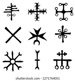 Futhark Norse island and Viking symbol set. Imaginary magic letters in hand drawing and writing symbols. Inspired by ancient Iceland and ethnic Norse Viking. Vector 