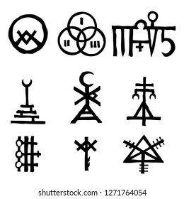 Futhark Norse island and Viking symbol set. Imaginary magic letters in hand drawing and writing symbols. Inspired by ancient Iceland and ethnic Norse Viking. Vector 