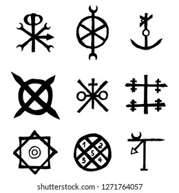 Futhark Norse island and Viking symbol set. Imaginary magic letters in hand drawing and writing symbols. Inspired by ancient Iceland and ethnic Norse Viking. Vector 