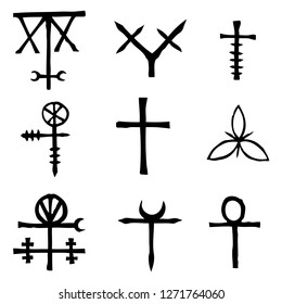 Futhark Norse island and Viking symbol set. Imaginary magic letters in hand drawing and writing symbols. Inspired by ancient Iceland and ethnic Norse Viking. Vector 