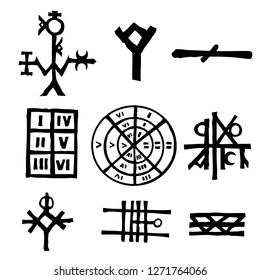 Futhark Norse island and Viking symbol set. Imaginary magic letters in hand drawing and writing symbols. Inspired by ancient Iceland and ethnic Norse Viking. Vector 