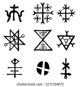 Futhark Norse island and Viking symbol set. Imaginary magic letters in hand drawing and writing symbols. Inspired by ancient Iceland and ethnic Norse Viking. Vector 