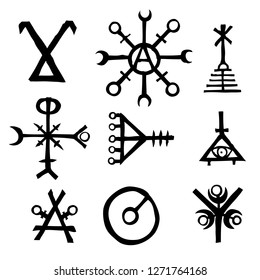 Futhark Norse island and Viking symbol set. Imaginary magic letters in hand drawing and writing symbols. Inspired by ancient Iceland and ethnic Norse Viking. Vector 