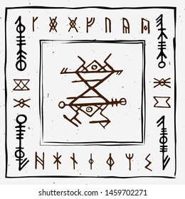 Futhark norse islandic and viking runes set. Magic hand draw symbols as scripted talismans. Vector set of ancient runes of Iceland. Galdrastafir, mystic signs of early North magic. Ethnic norse viking