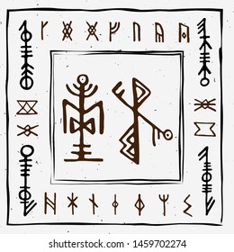 Futhark norse islandic and viking runes set. Magic hand draw symbols as scripted talismans. Vector set of ancient runes of Iceland. Galdrastafir, mystic signs of early North magic. Ethnic norse viking