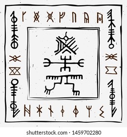 Futhark norse islandic and viking runes set. Magic hand draw symbols as scripted talismans. Vector set of ancient runes of Iceland. Galdrastafir, mystic signs of early North magic. Ethnic norse viking