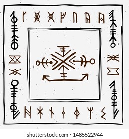 Futhark norse islandic and viking runes set. Magic hand draw symbols as scripted talismans. Vector set of ancient runes of Iceland. Galdrastafir, mystic signs of early North magic. Ethnic norse viking