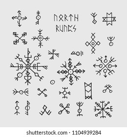 Futhark Norse Viking Runes And Talismans. Nordic Pagan Vector Occult Symbols For Tattoo. Scandinavian Gothic Magic Runic Illustration